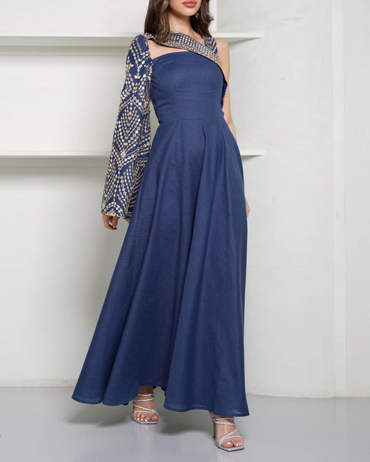 Ethereal Embroidered One-Shoulder Skater luxury Kaftan in gold embroidery and blue linen