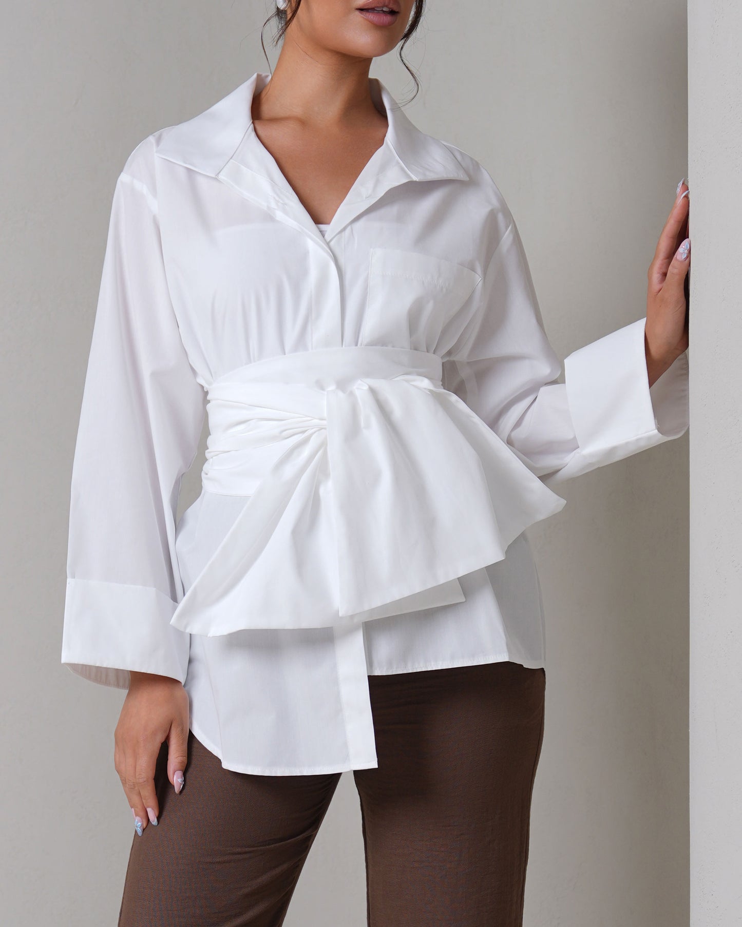 Belted oversized asymmetric cotton off white shirt