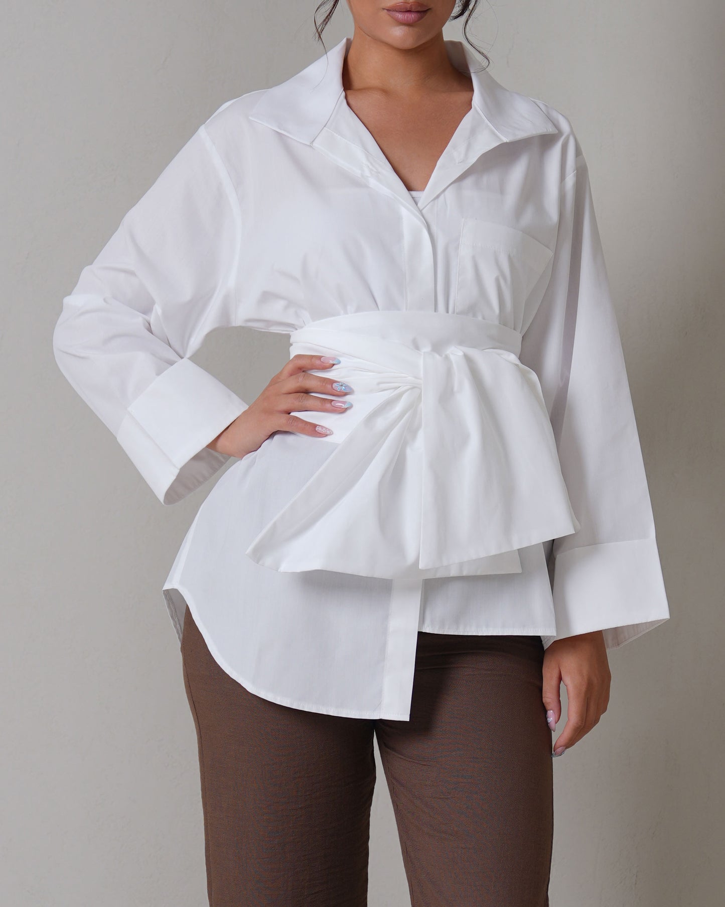 Belted oversized asymmetric cotton off white shirt