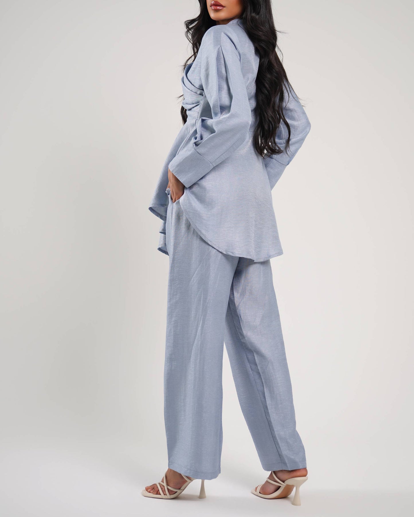 Cerulean draped neckline raw-silk blouse with wide leg trousers