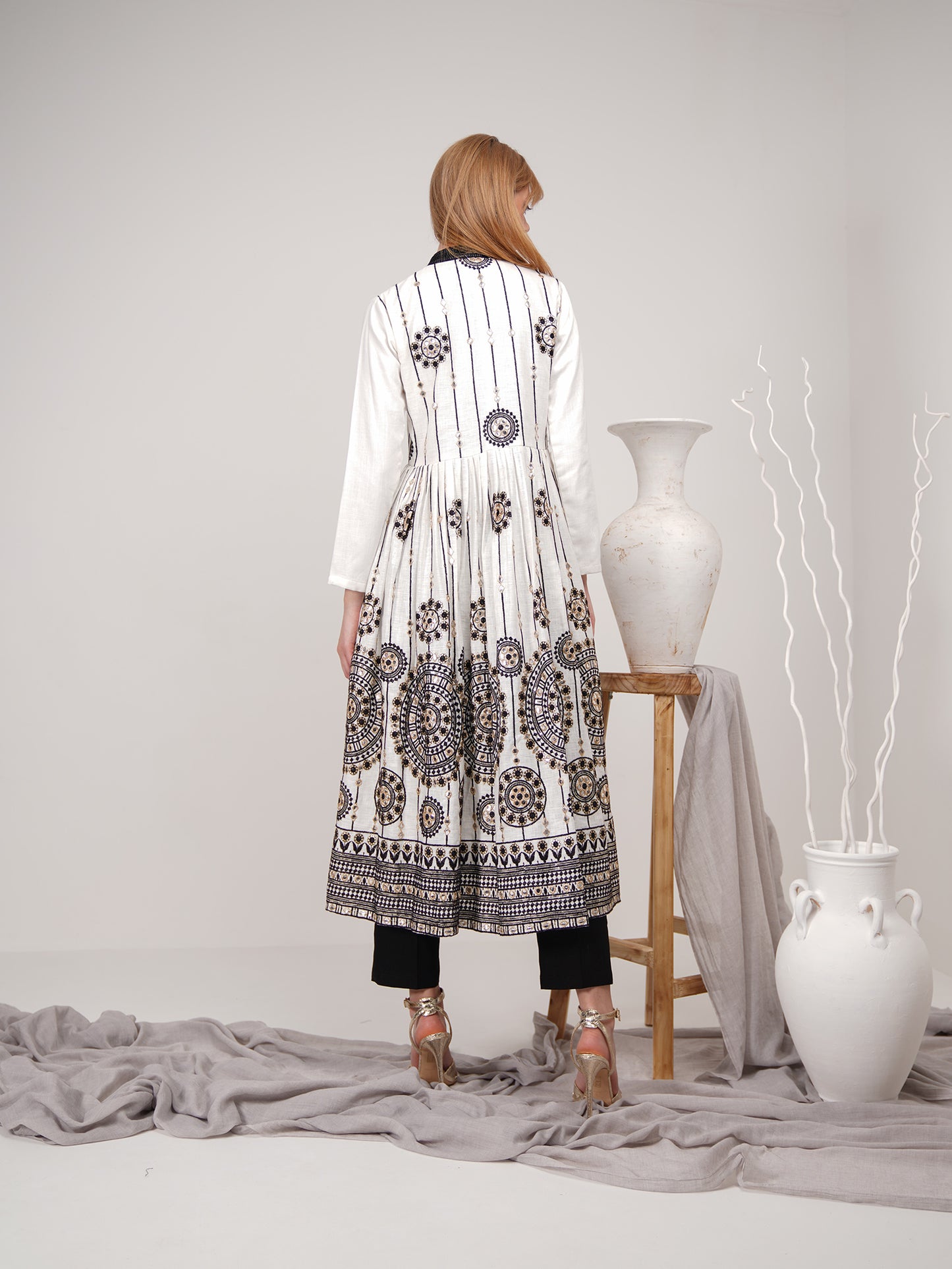 Mandarin collar embroidered linen jacket with high waisted trousers