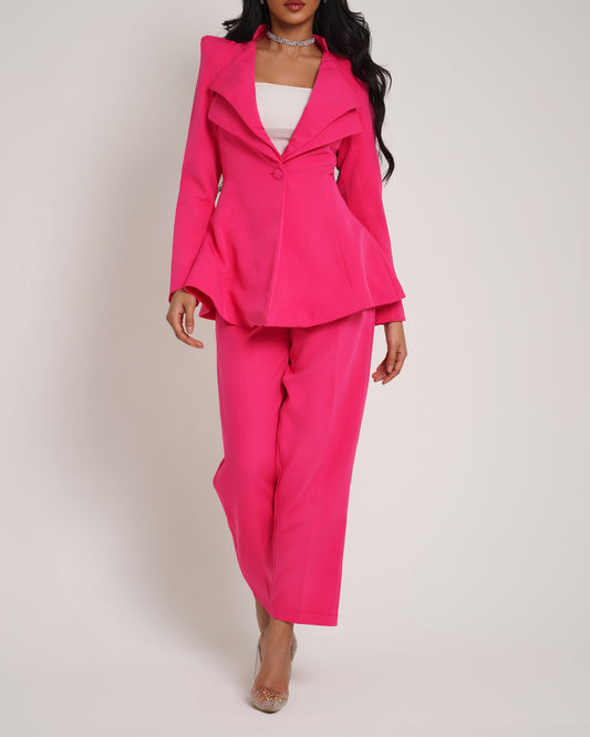 Deep pink pointed shoulder double collar blazer paired with straight leg trousers