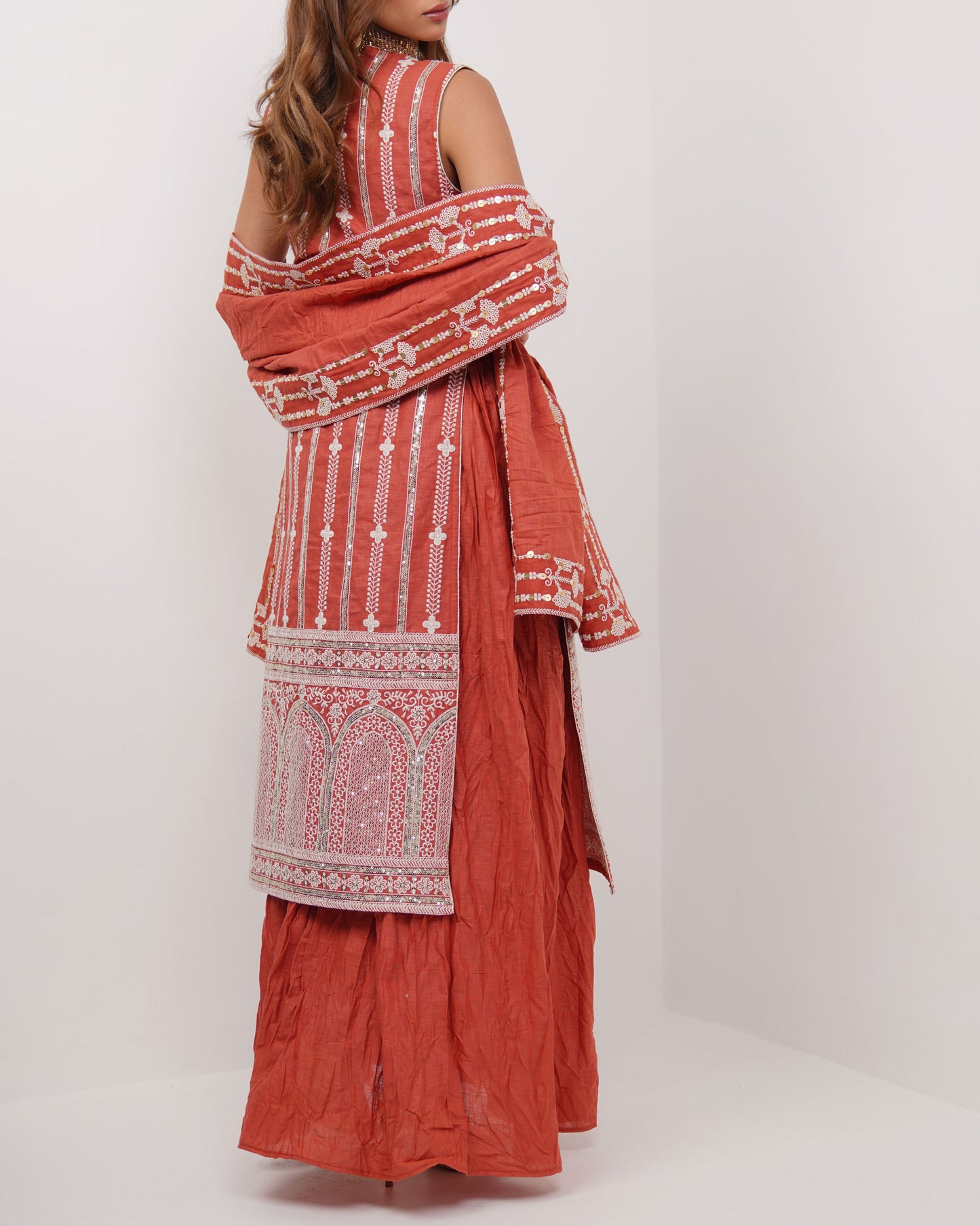 Fully Embroidered Linen Vest with Matching Dress and Shawl Set