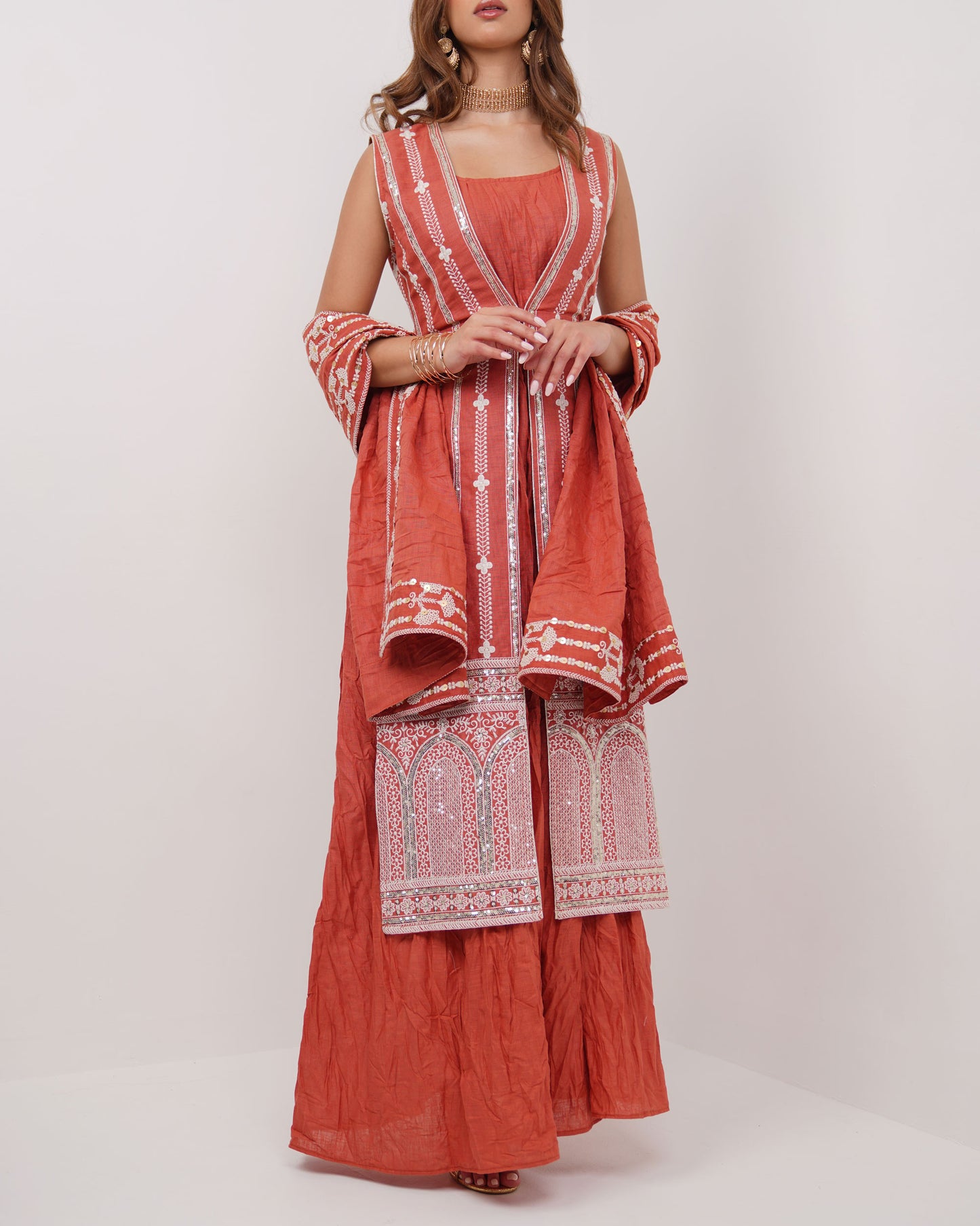 Fully Embroidered Linen Vest with Matching Dress and Shawl Set