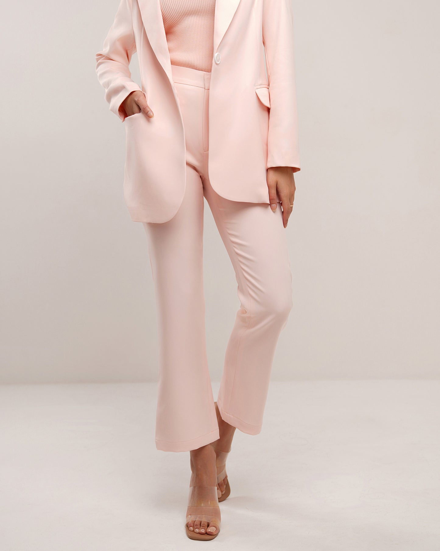 Sherbet peach classic jetted pocket flare trousers