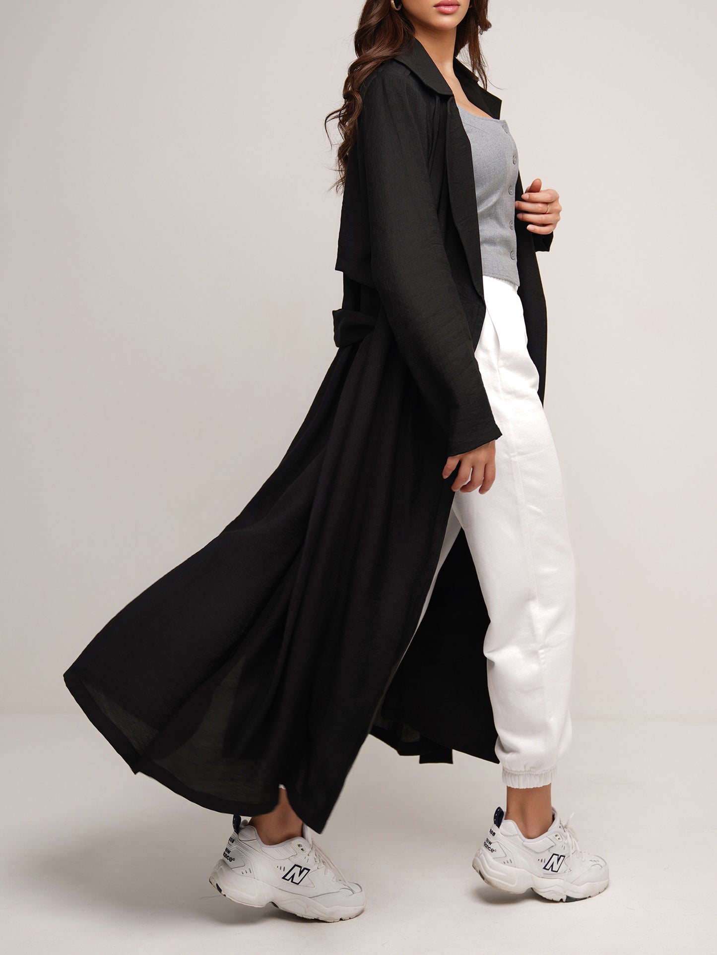 Jet black longline trench coat