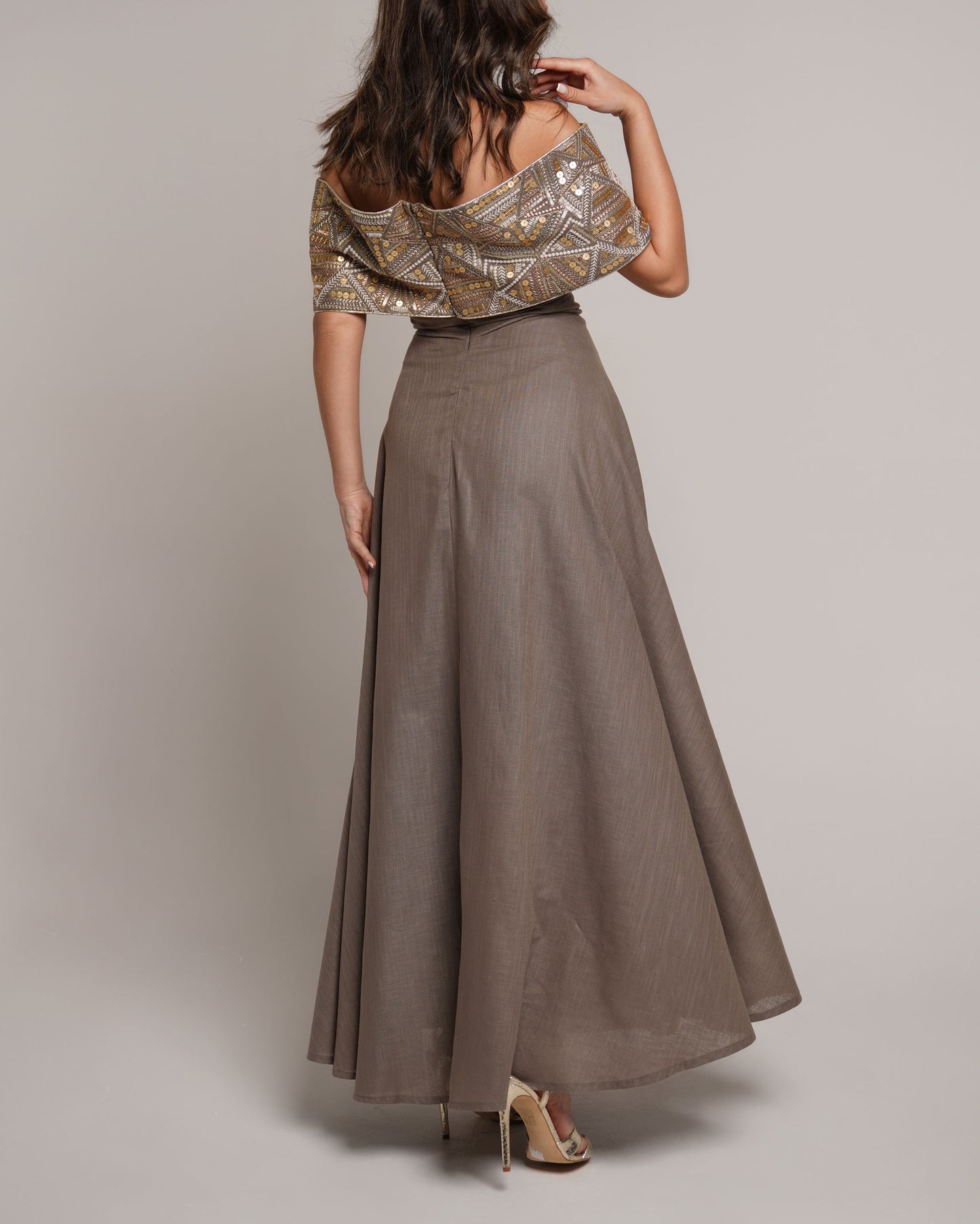 Off shoulder maxi kaftan with embroidered linen in khaki brown