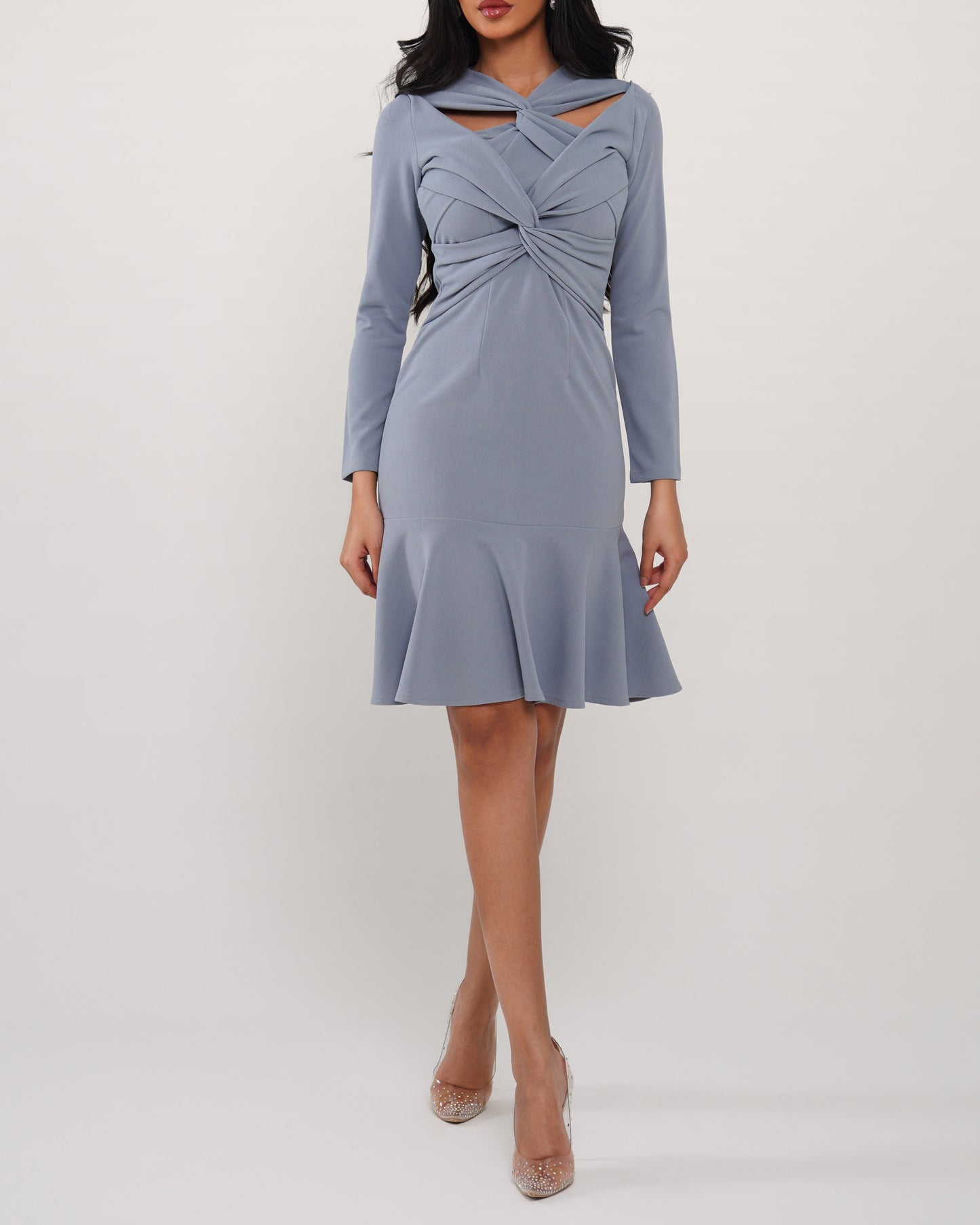 Moonlight blue twisted neck crepe dress with flare hem