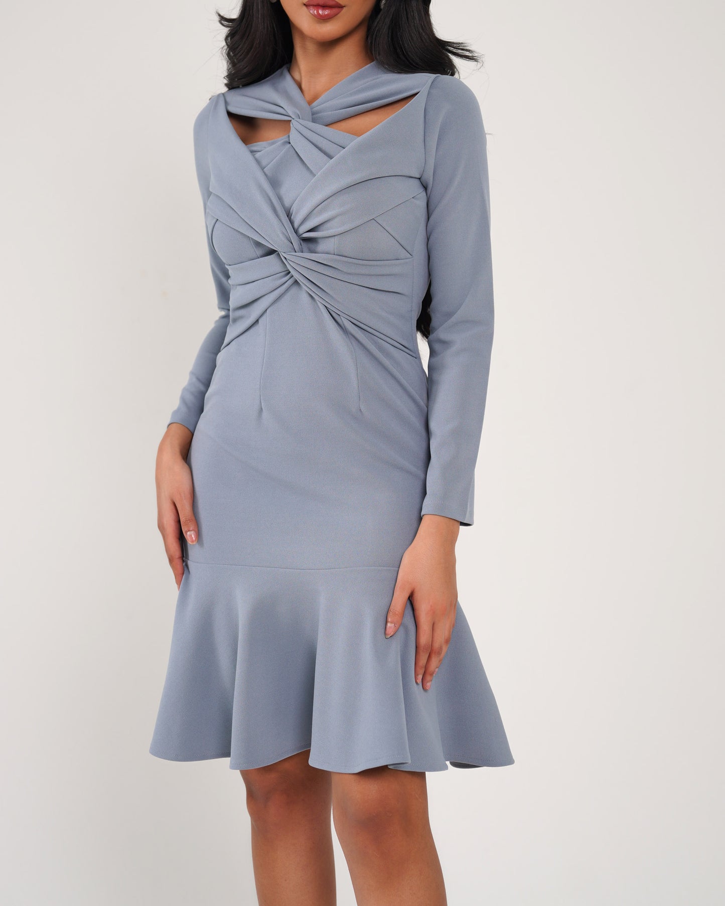 Moonlight blue twisted neck crepe dress with flare hem