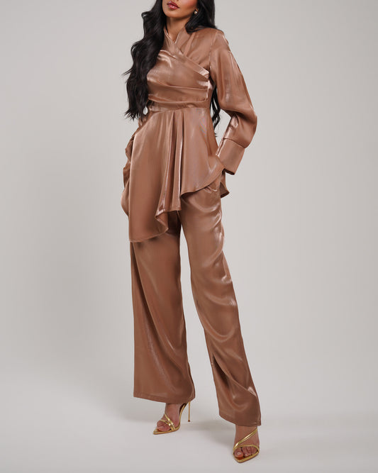 Toffee draped neckline raw-silk blouse with wide leg trousers