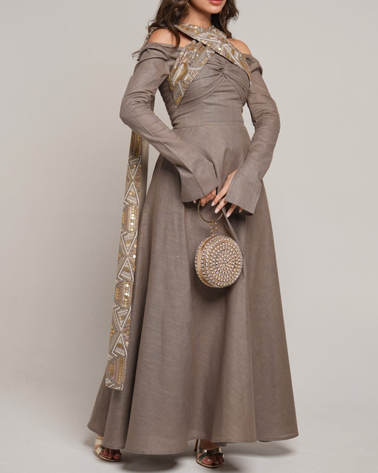 Twisted heart neckline maxi kaftan with embroidered linen shawl in brown khaki