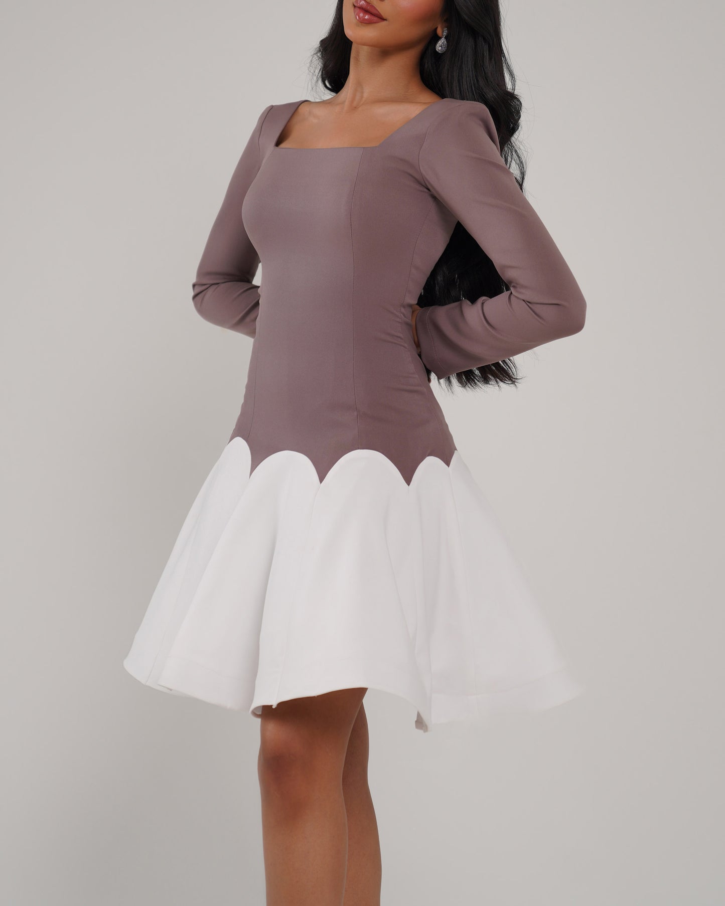 Major brown contrast square neck body-con flared hem dress