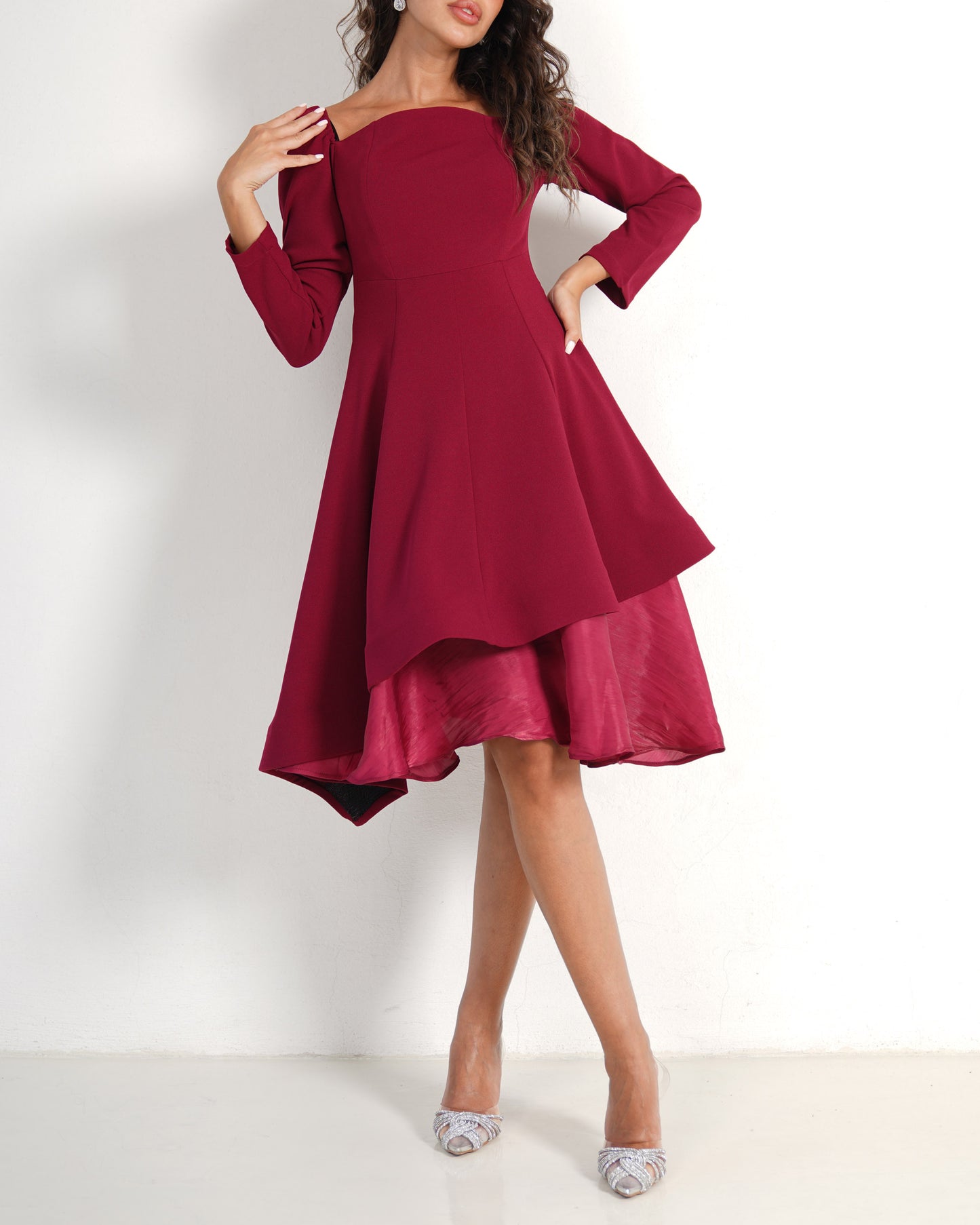 Maroon Asymmetrical Crepe Dress