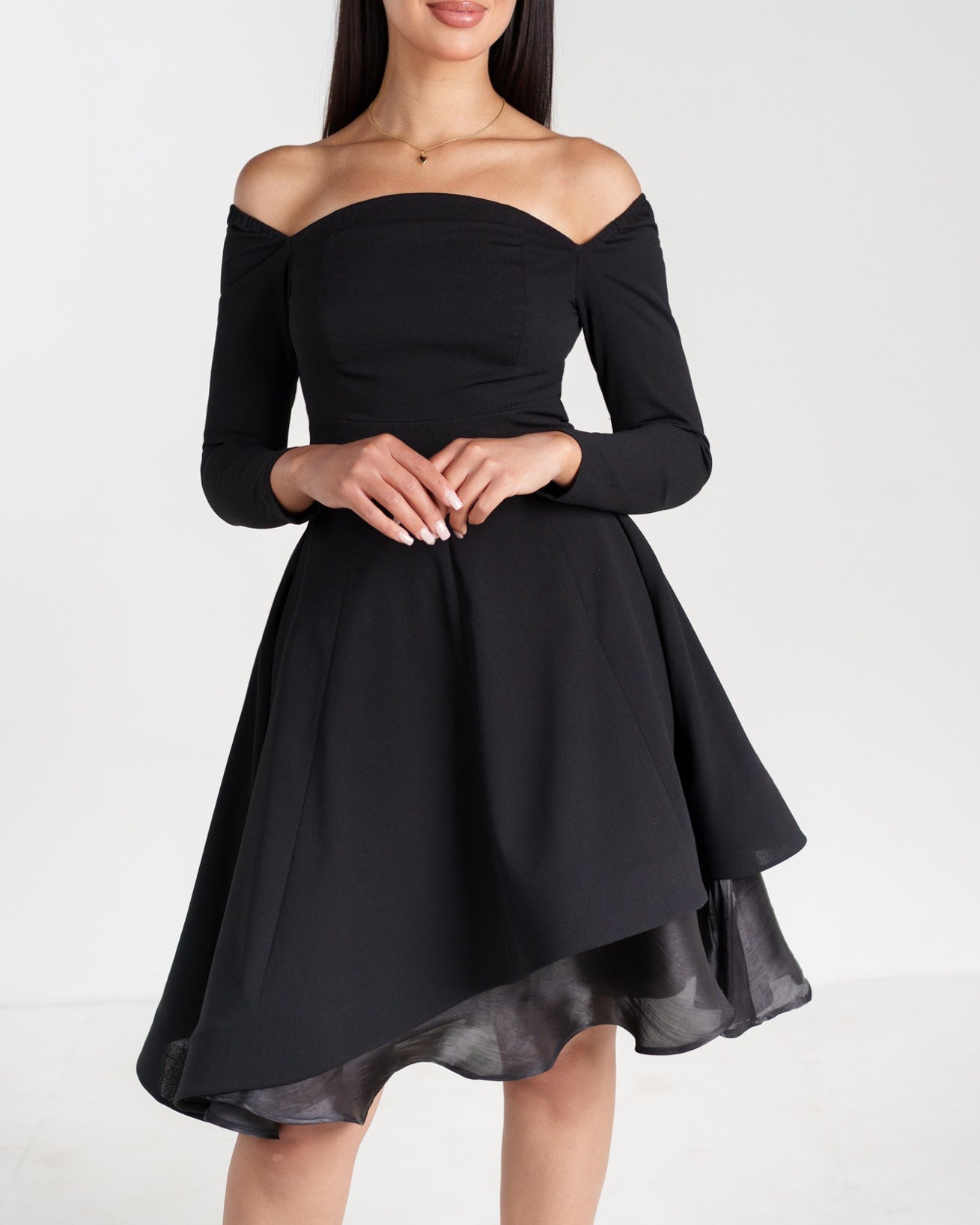 Noir Asymmetrical Crepe Dress Modest Glamour Noir Asymmetrical Crepe Dress Modest Glamour