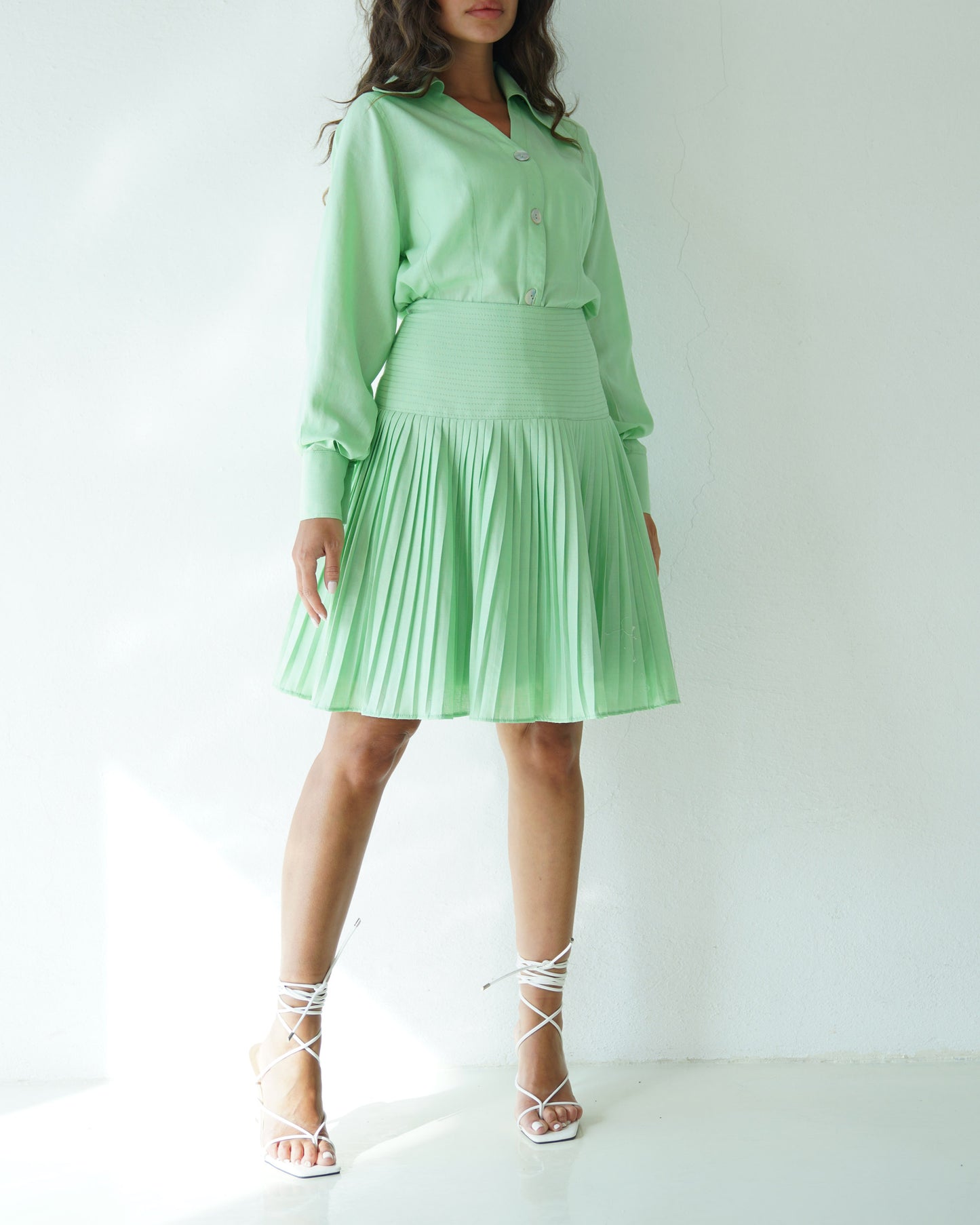 Pleated minty glow skirt with buttons up shirt
