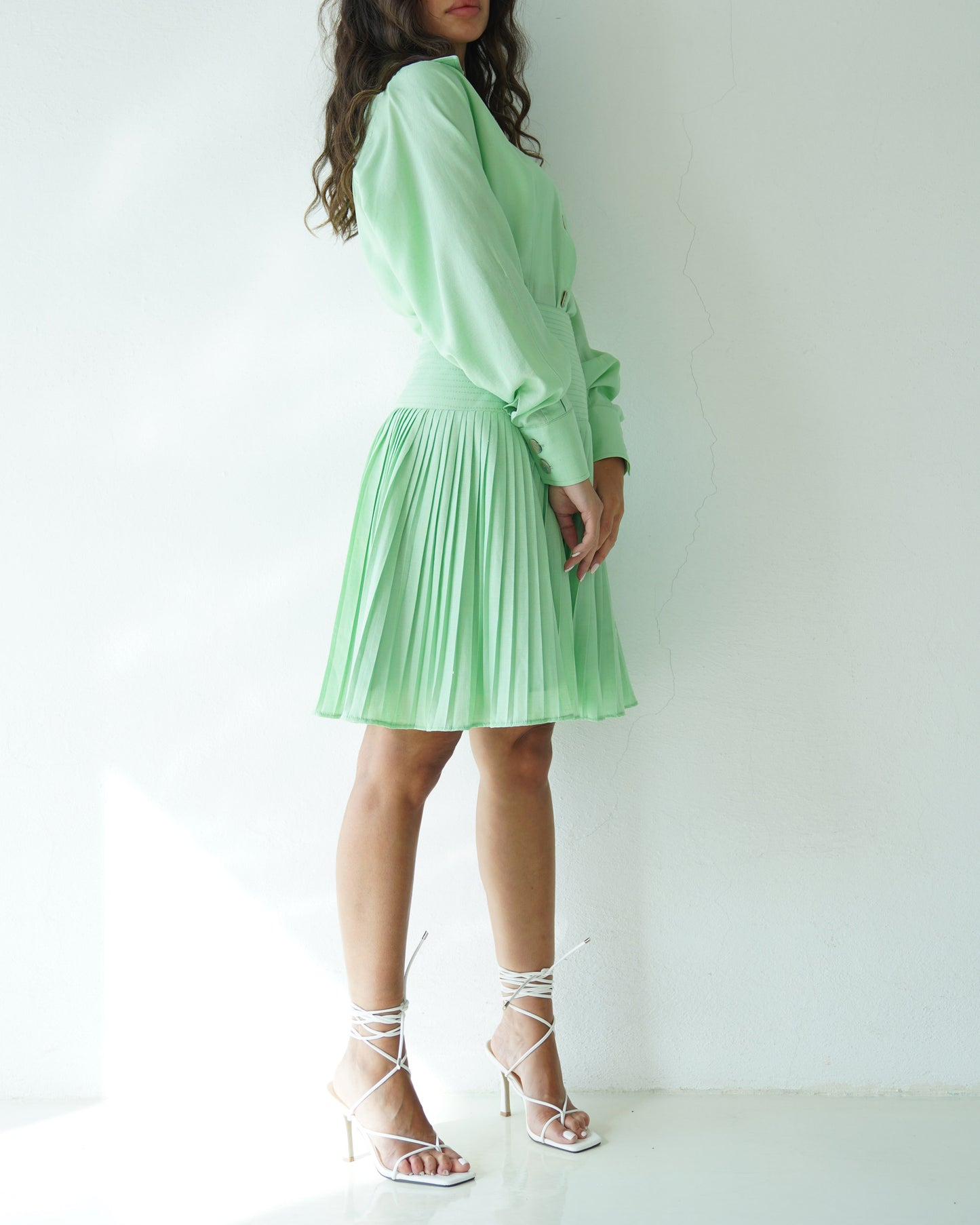 Pleated minty glow skirt with buttons up shirt