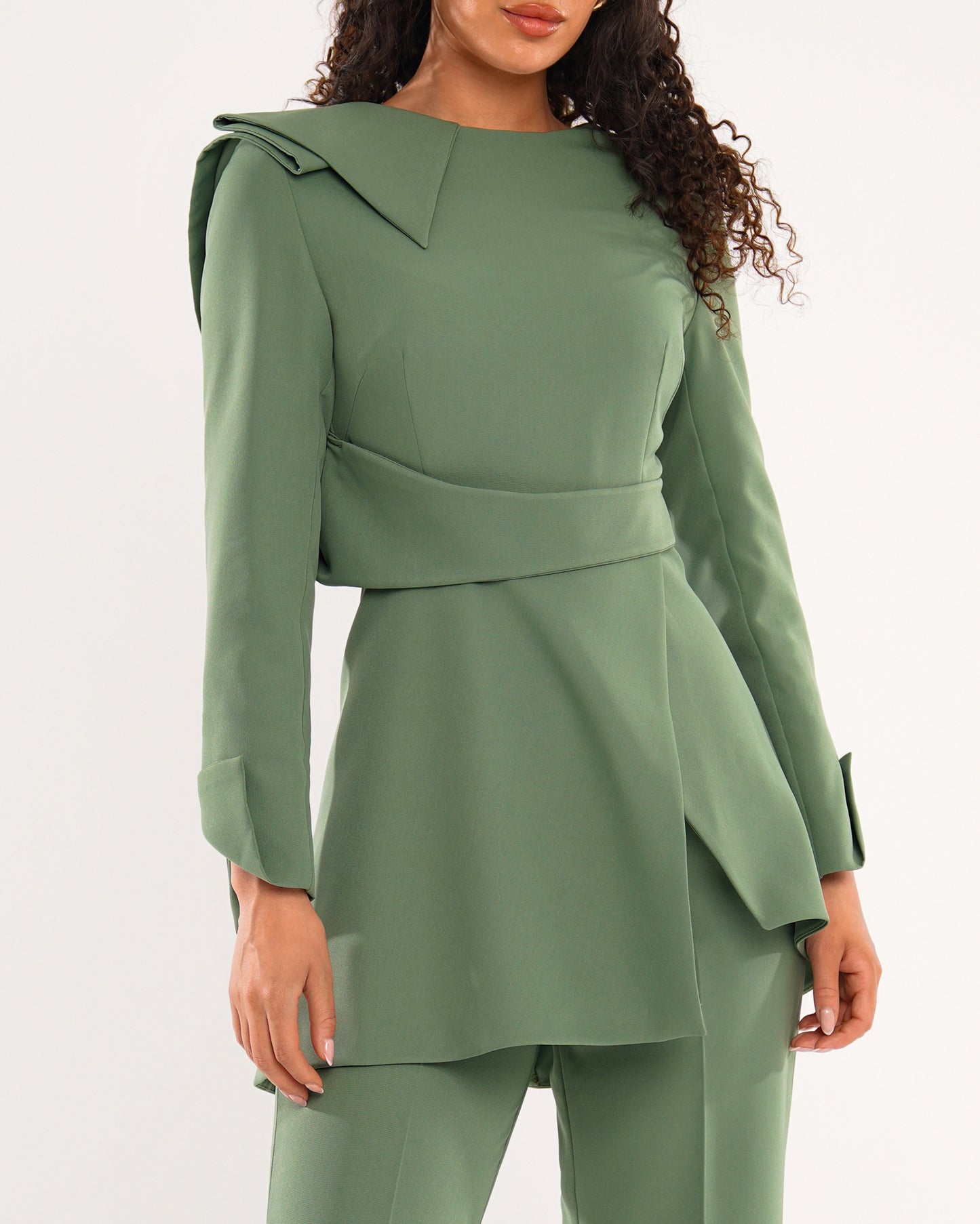 Serene Sage peplum top with high waist flared trousers