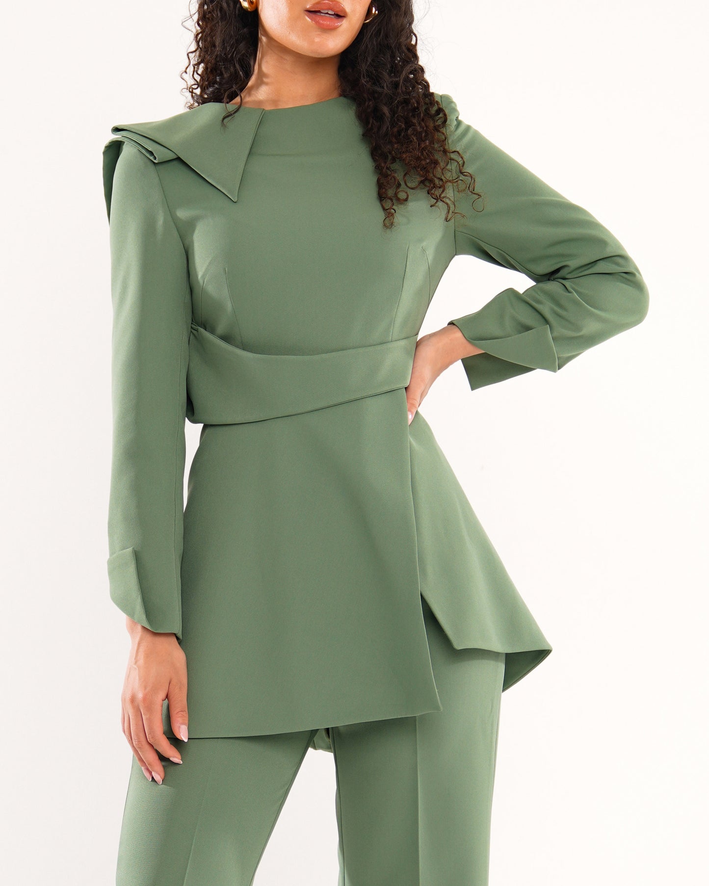 Serene Sage peplum top with high waist flared trousers