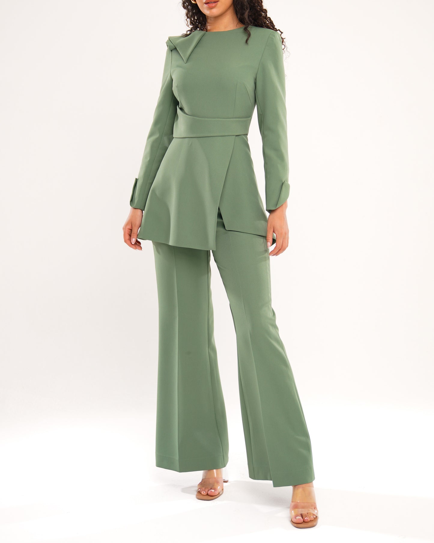 Serene Sage peplum top with high waist flared trousers