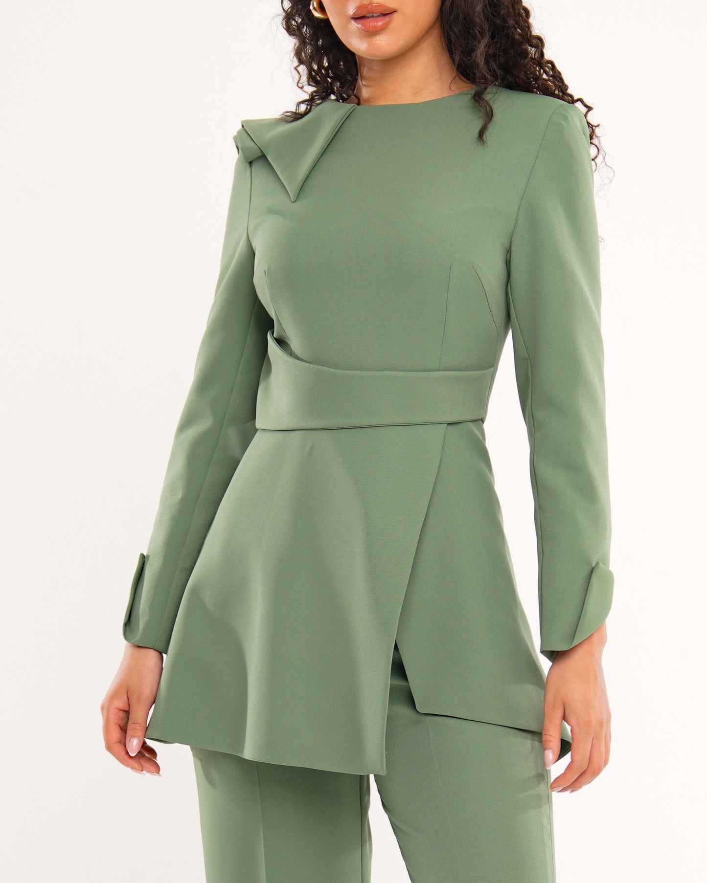 Serene Sage peplum top with high waist flared trousers