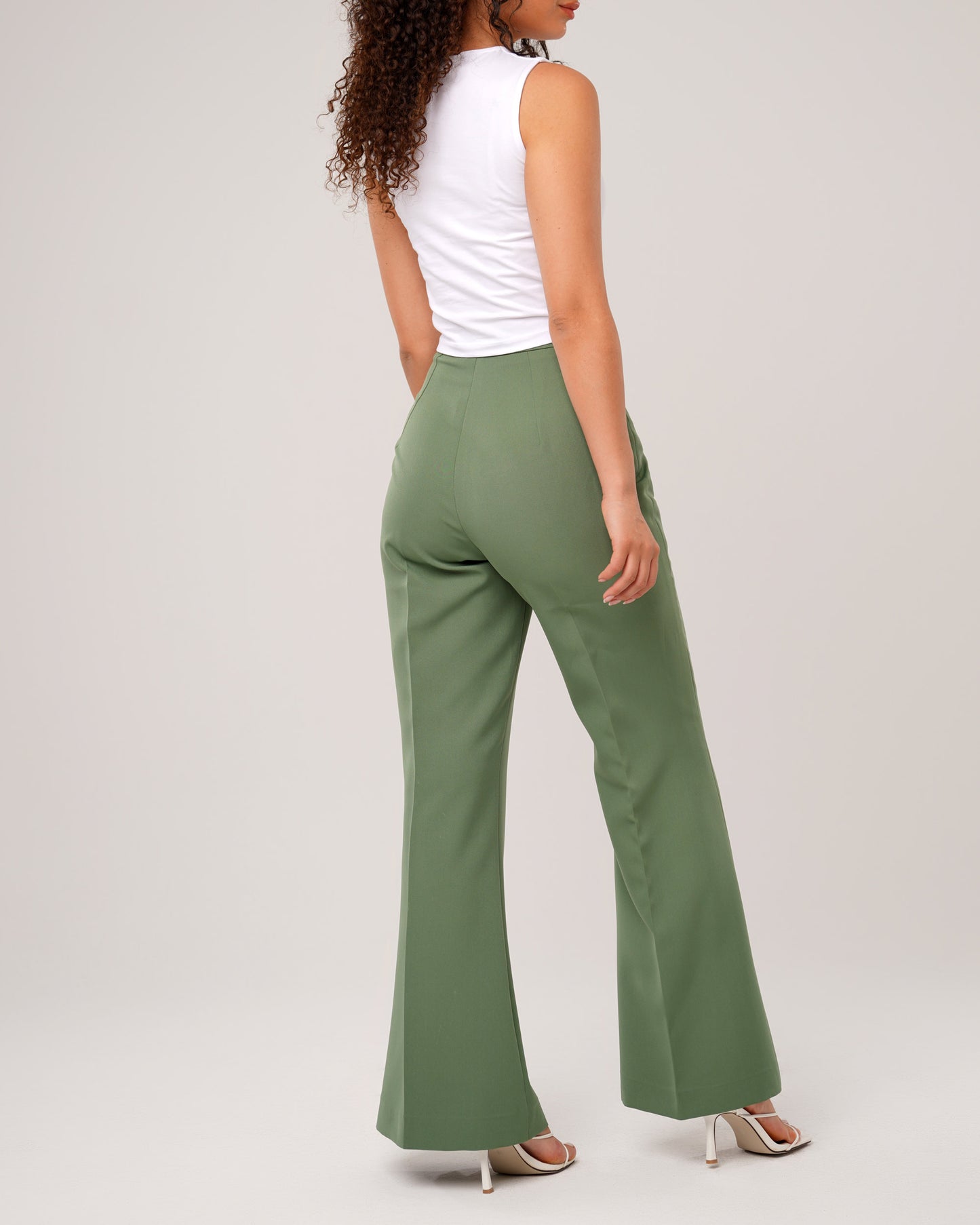 Serene Sage peplum top with high waist flared trousers
