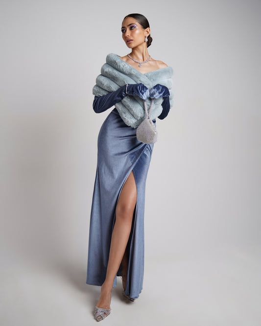 Serenity velvet blue gown with fur shawl