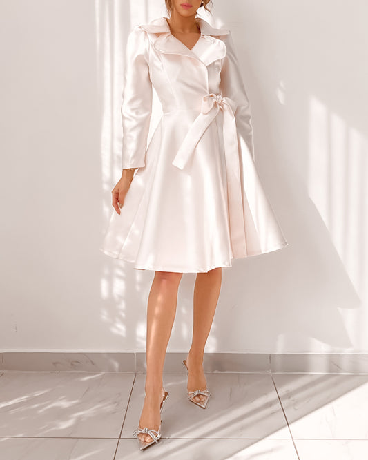 Satin midi front wrap dress in cream white