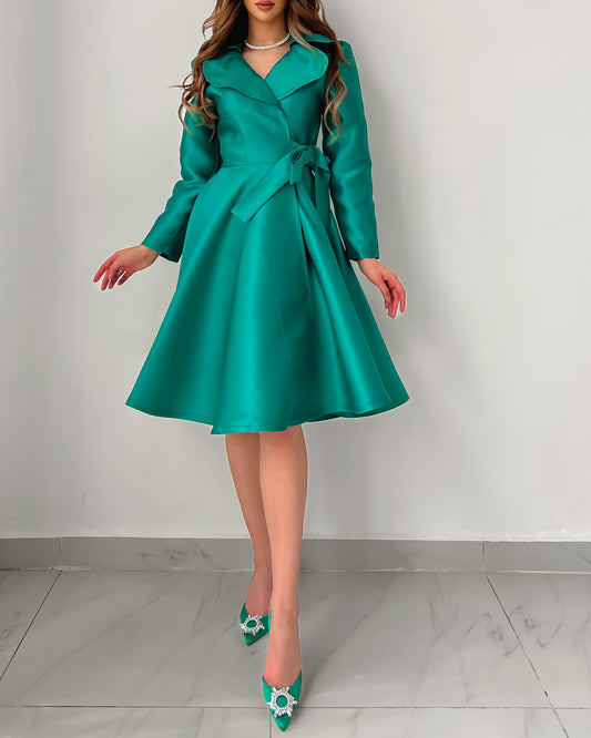 Satin midi front wrap dress in emerald green