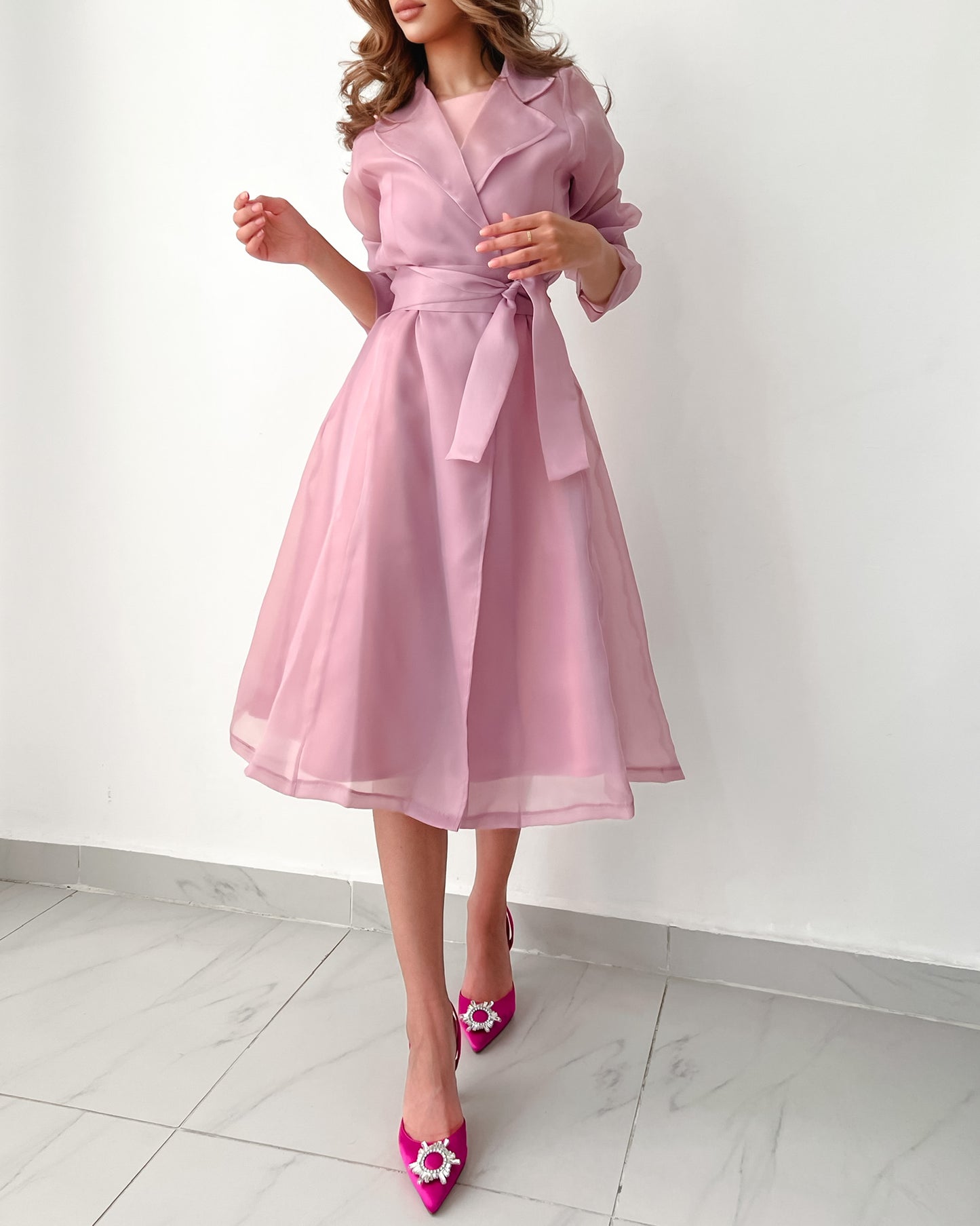 Satin dress toped with organza belted jacket in blush pink