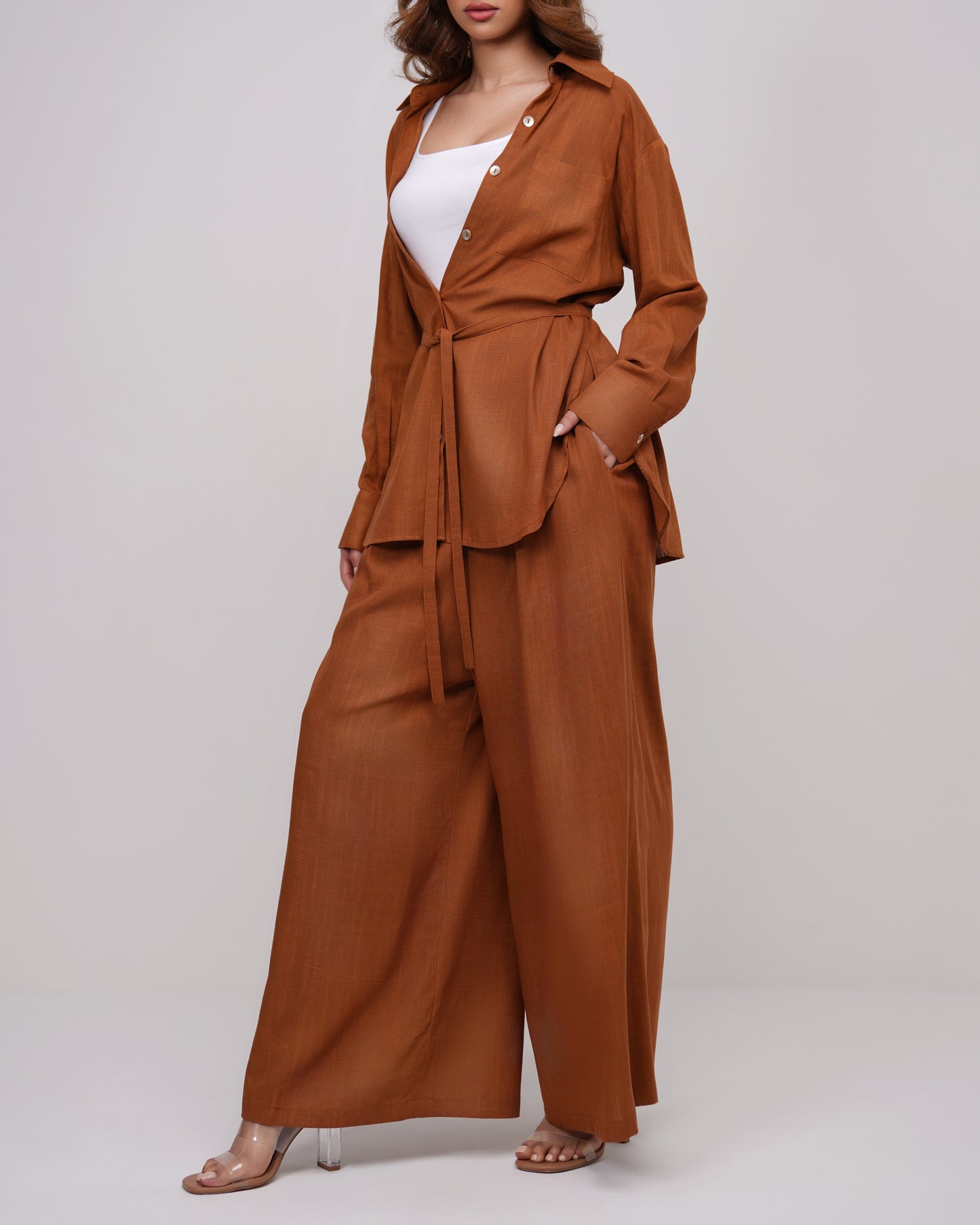 Chocolate buttons up shirt with culottes trousers