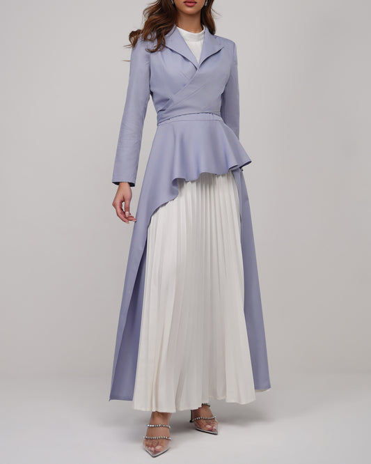 Blue violet pleated detail dress and cropped tie blazer set