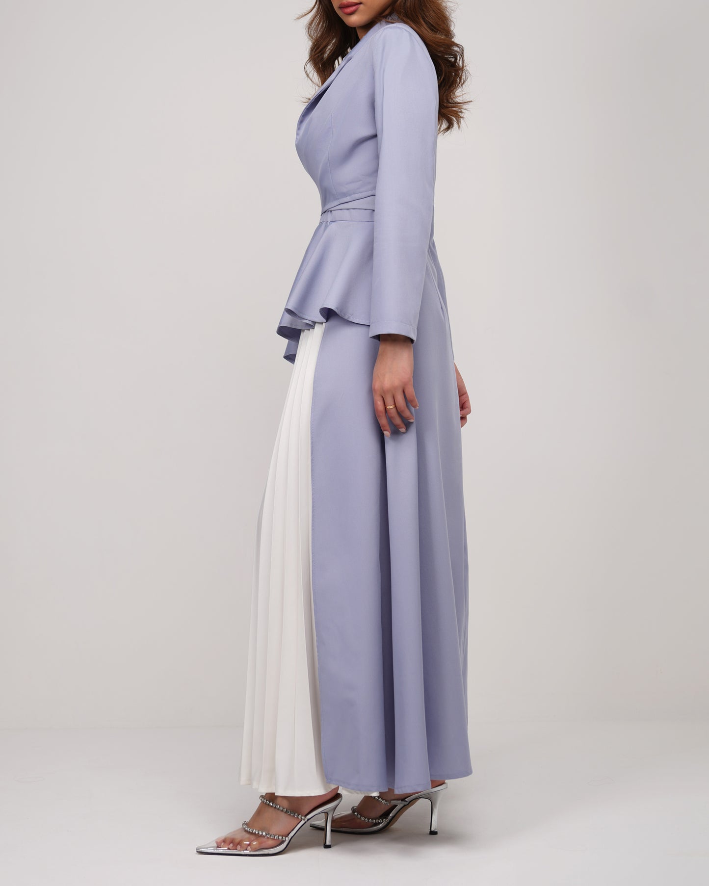Blue violet pleated detail dress and cropped tie blazer set