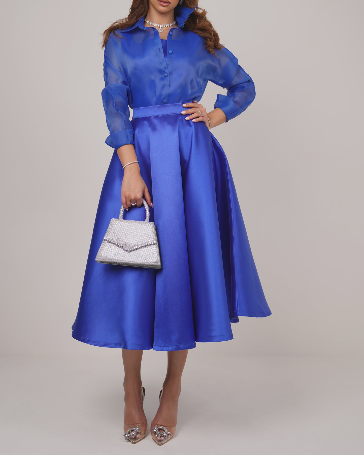 Sheer shirt with satin bodice and flared midi skirt in royal blue