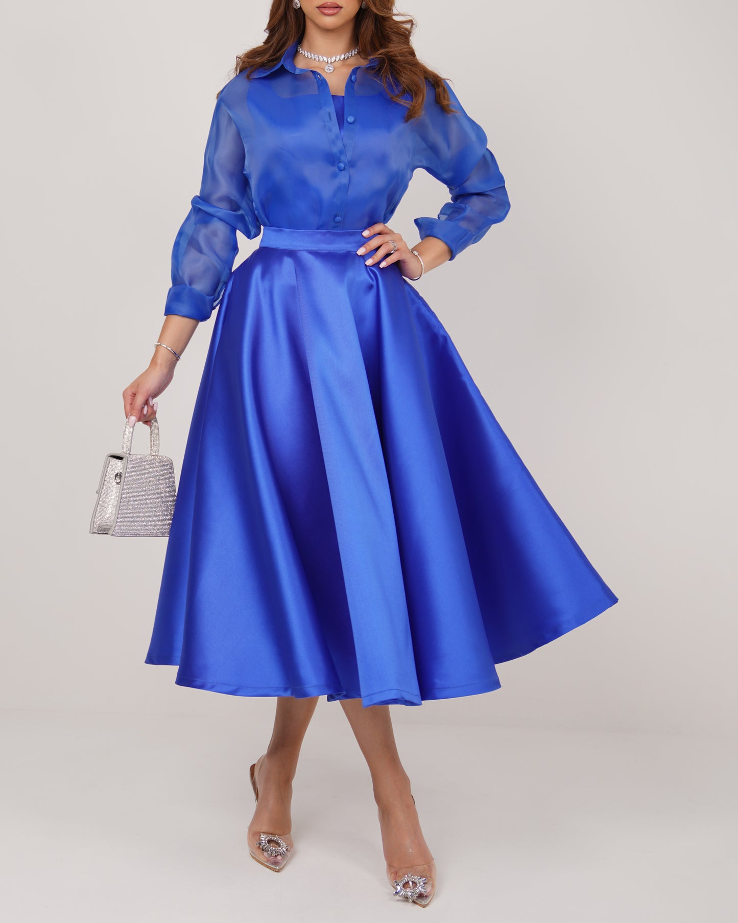Sheer shirt with satin bodice and flared midi skirt in royal blue