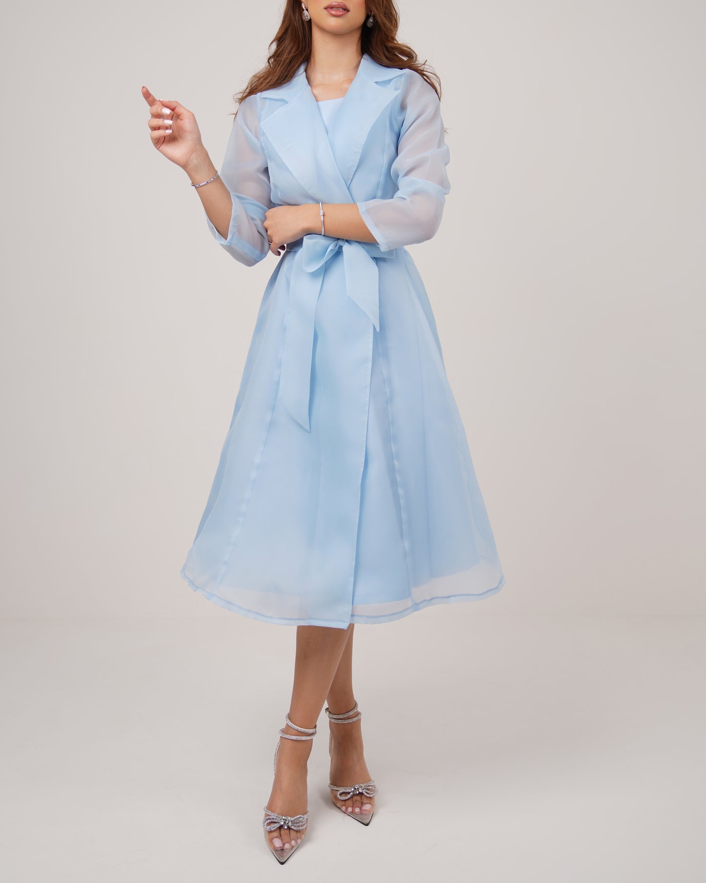 Satin dress toped with organza belted jacket