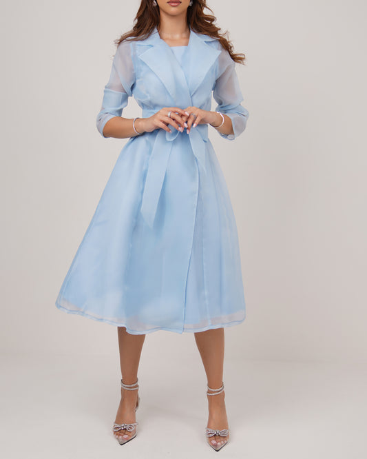 Satin dress toped with organza belted jacket