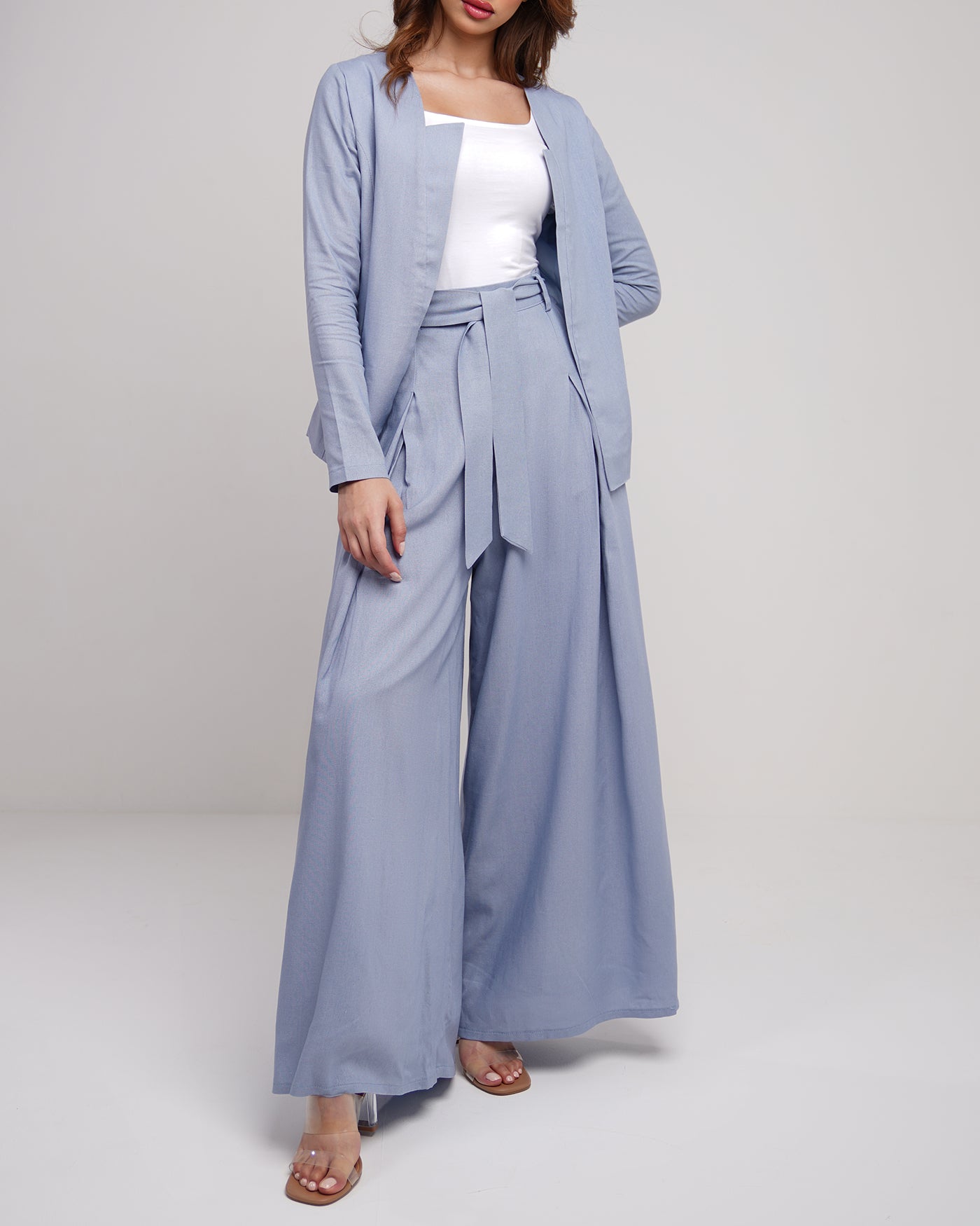 Cloud blue belted wide-legs trousers with long sleeves jacket