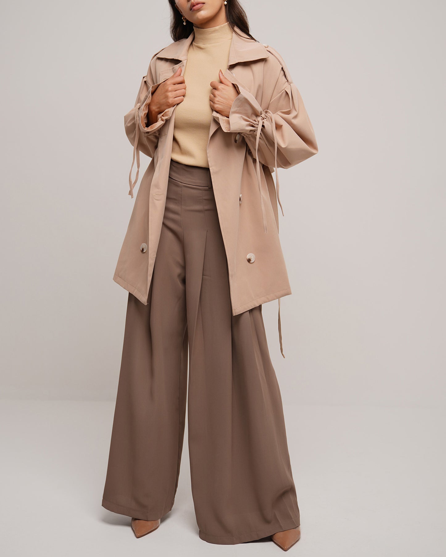 Camel thigh length wrap coat