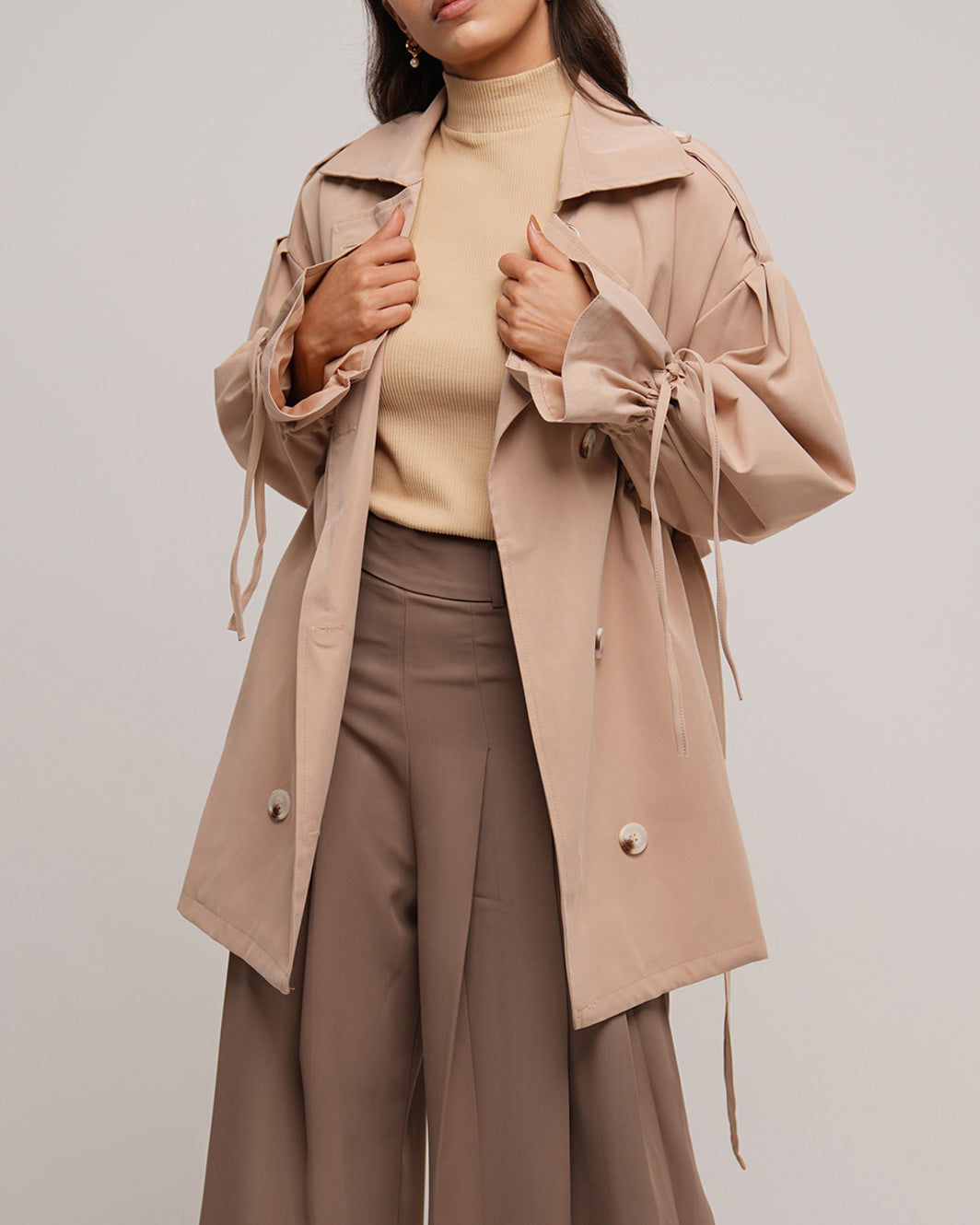 Camel thigh length wrap coat