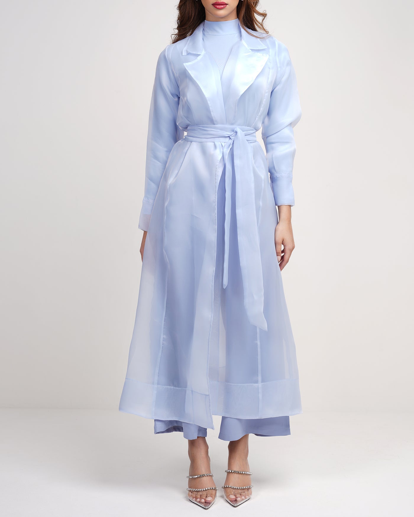 Serenity blue 3 piece set organza belted jacket with wide leg trousers