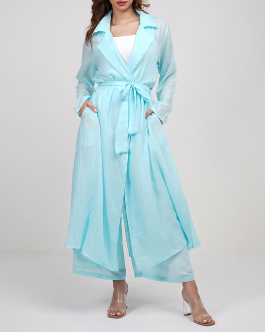 Blue glow long line trench coat with wide leg trousers