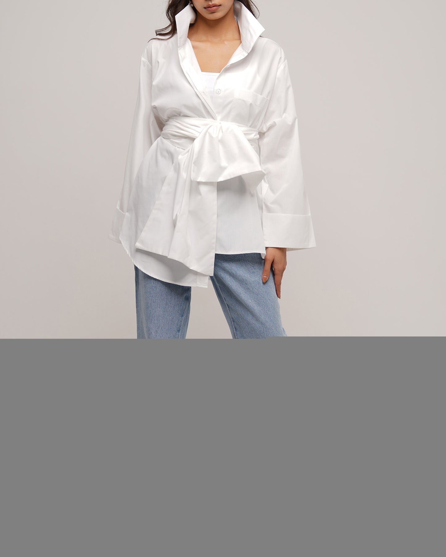 Belted oversized asymmetric cotton off white shirt