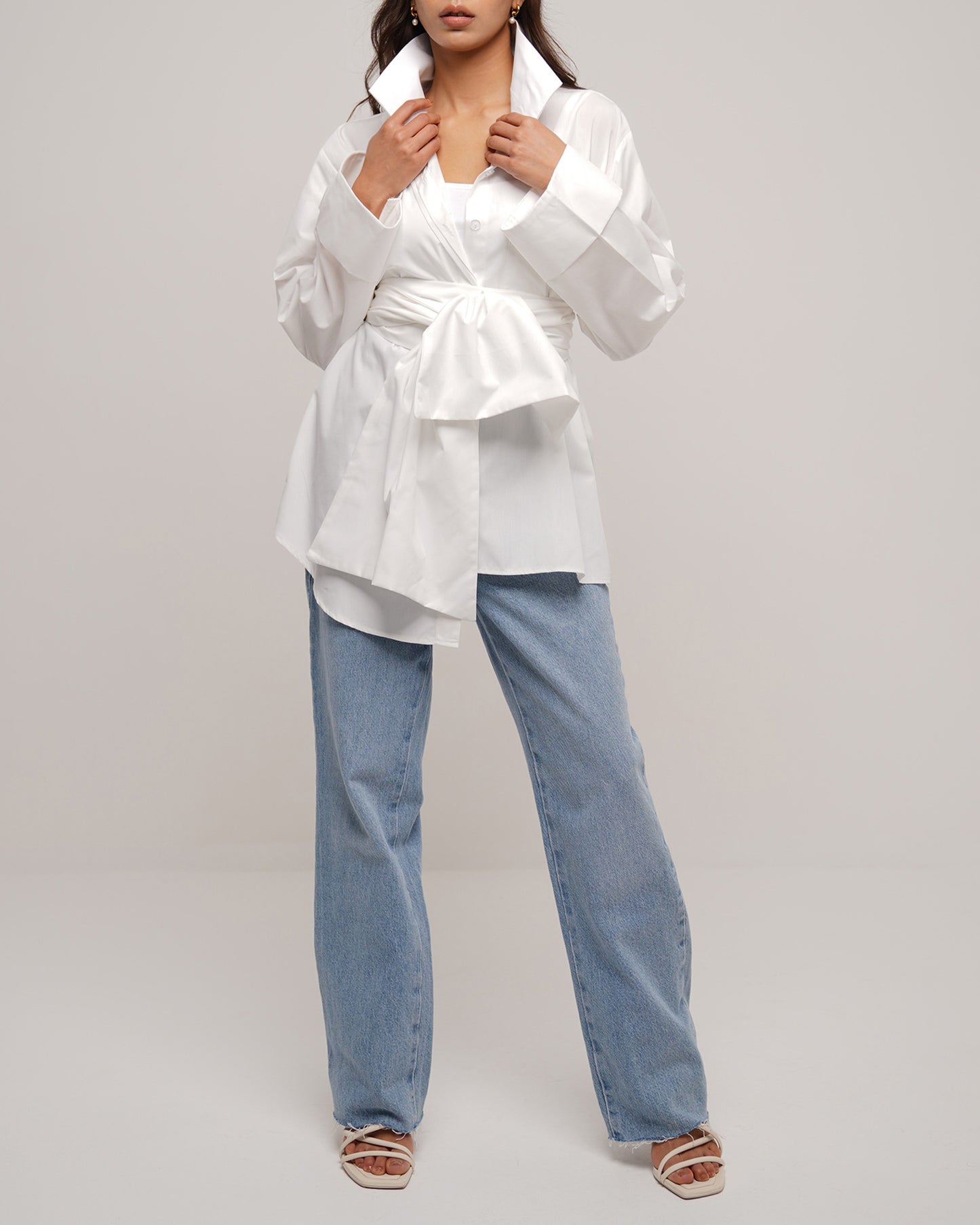 Belted oversized asymmetric cotton off white shirt