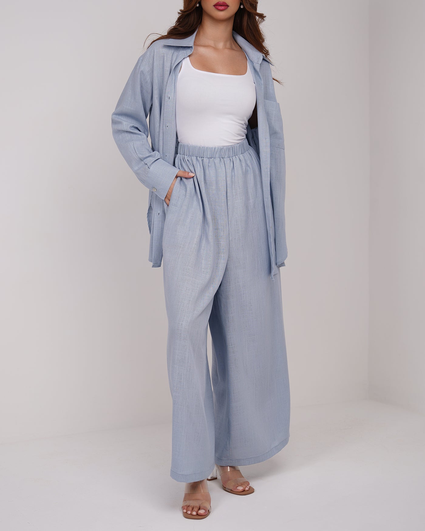 Ballad blue buttons up shirt with culottes trousers