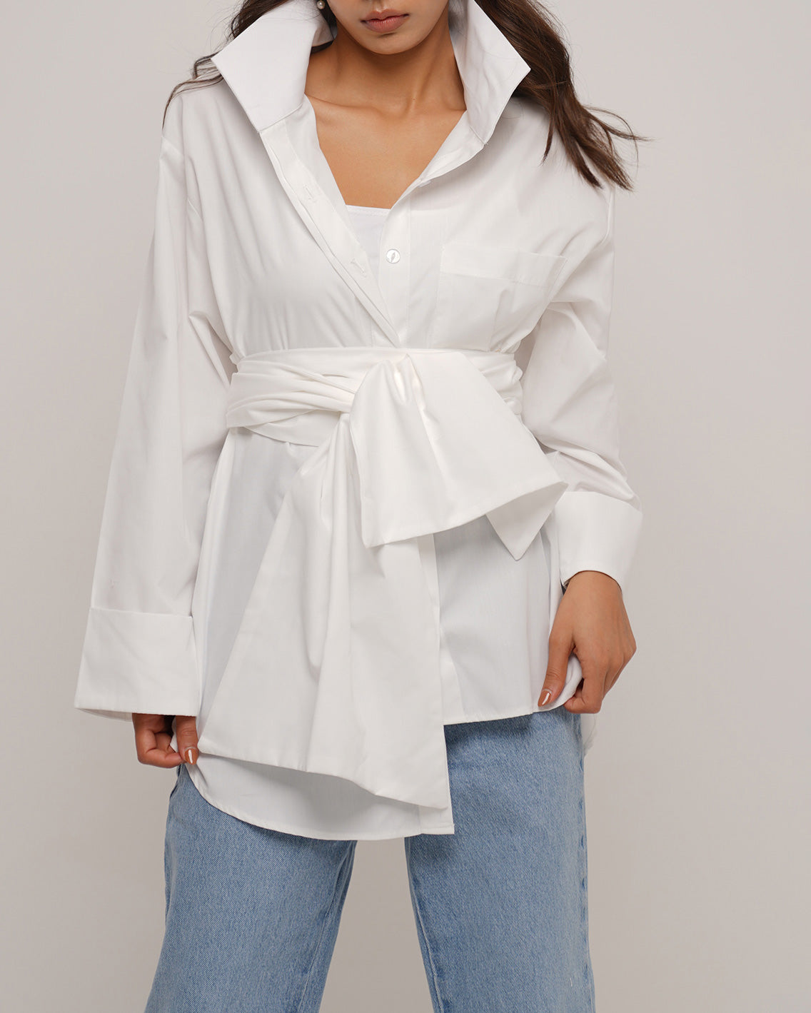 Belted oversized asymmetric cotton off white shirt