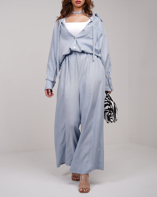 Ballad blue buttons up shirt with culottes trousers