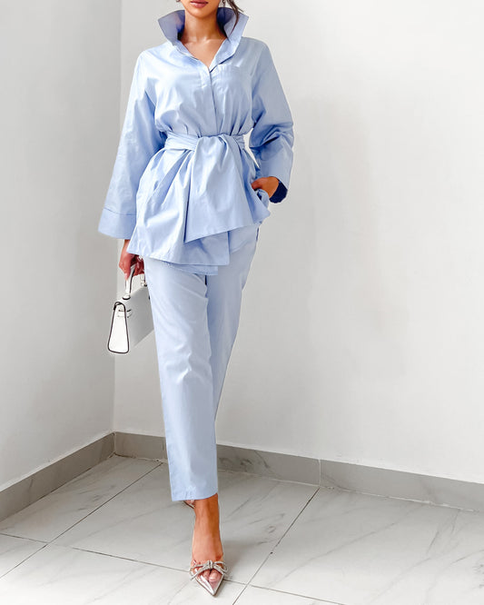 Halogen blue belted oversized shirt with straight cut trousers