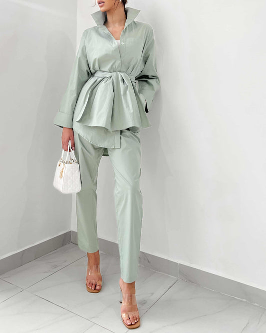 Green lily belted oversized shirt with straight cut trousers