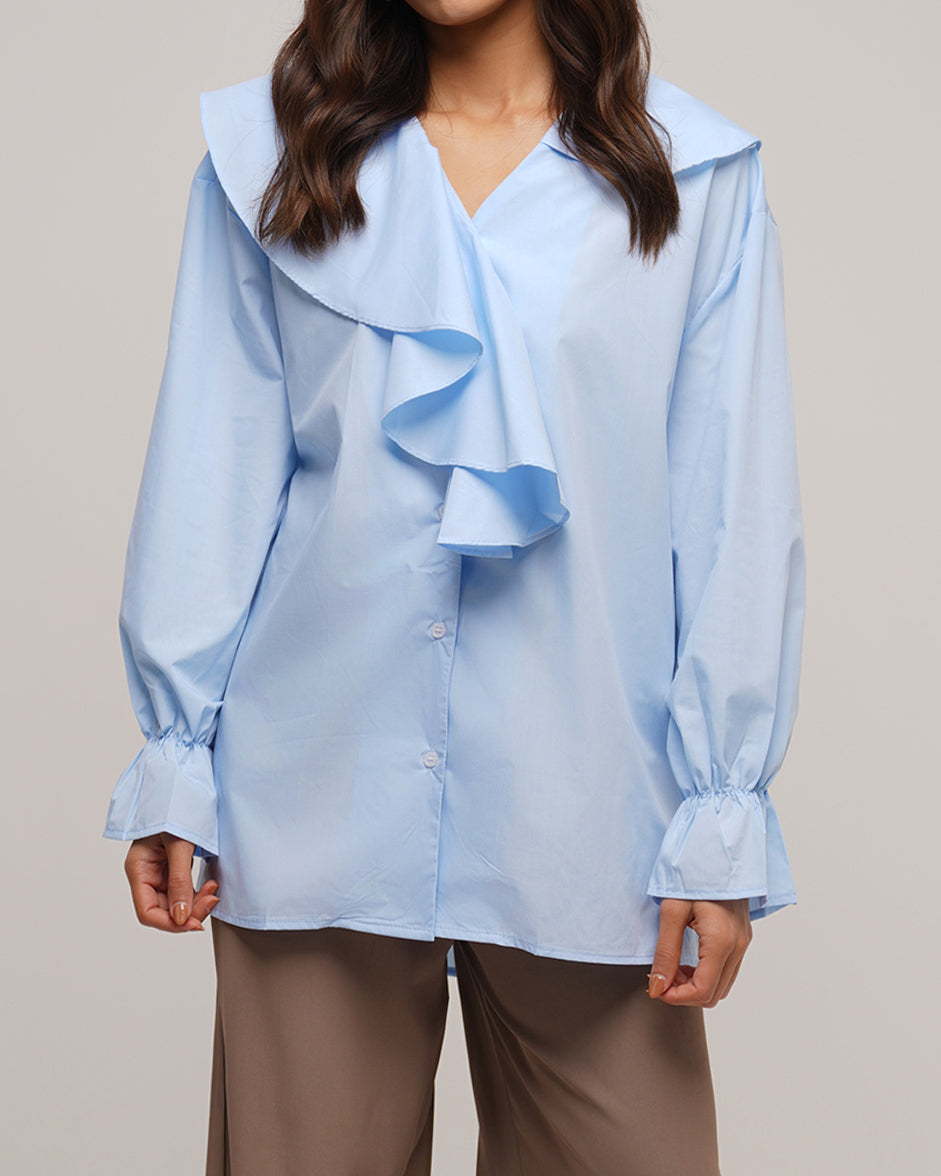 Irregular ruffled neckline shirt in baby blue