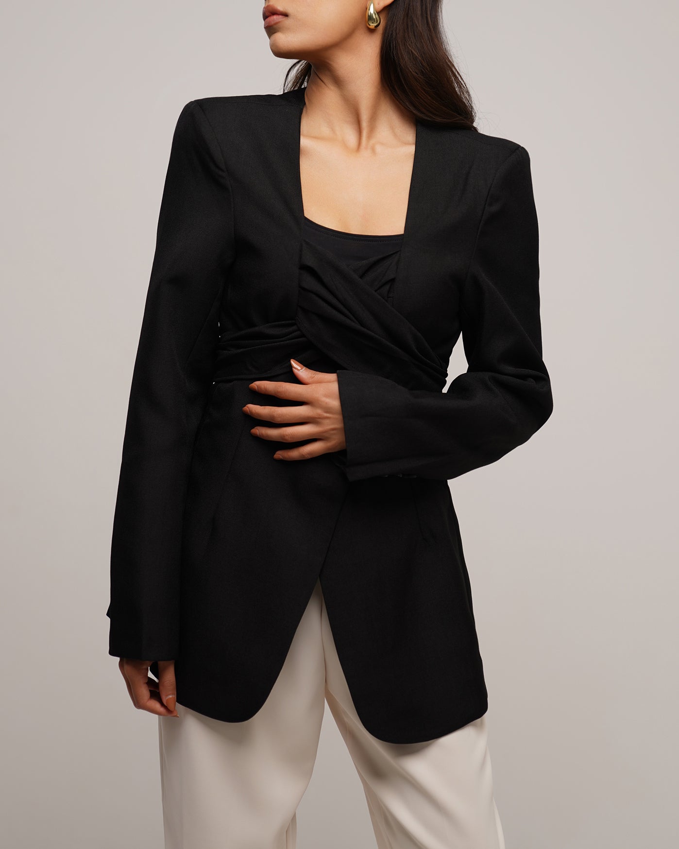 Jet black U neckline blazed with wrapping belt